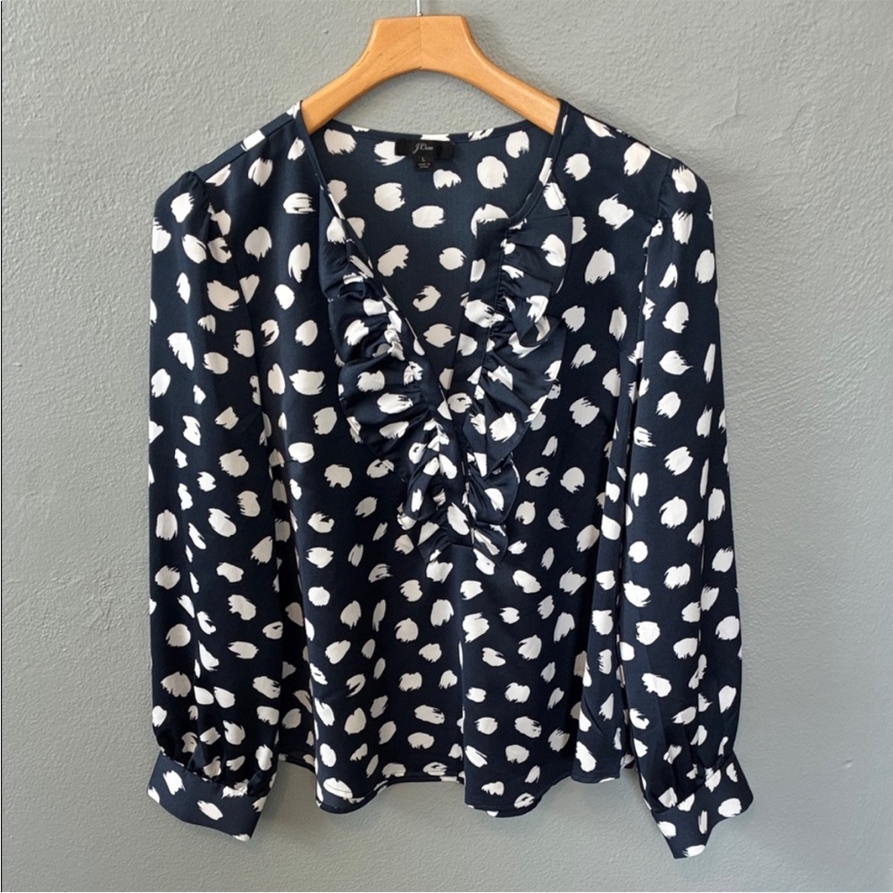 J. Crew Long Sleeve Ruffle Front Navy and White Brushstroke Print Blouse Large - Picture 3 of 10
